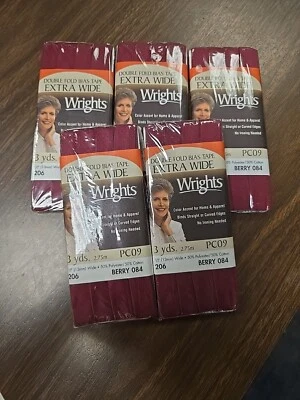 Lote de 5 Wrights Cinta de Sesgo Doble Plegable Extra Ancha NUEVA 3 Yardas Berry 1/2" Foto 1 de 4
