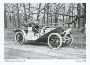 *Wisconsin Postcard-"2 Men on a 1908 Rambler Model 45-A" Kenosha, WI- {G100-S3}+ - Picture 1 of 2