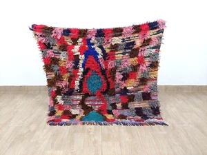 Vintage Handmade Area Rug 4x4 Colorful Geometric Moroccan Berber Boujaad Carpet - Picture 1 of 10