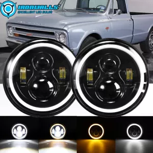 Pair 7" Inch LED Headlights Hi-Lo Angel Eye Fit for Chevy C10 C20 Pickup Nova - Picture 1 of 12