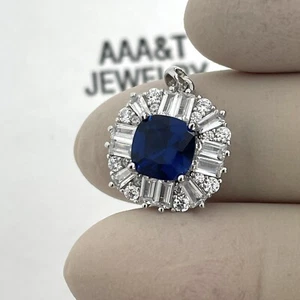 925  Solid Sterling Silver Cubic Zirconia  Cushion  Blue Pendant - Picture 1 of 3