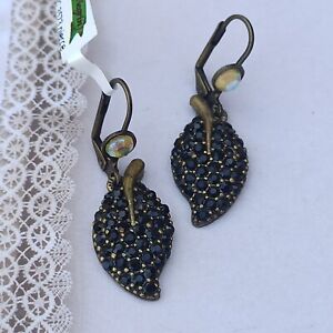 Michal Negrin Earrings Black Leaf Cocktail With Swarovski Crystal AB Gift NWT