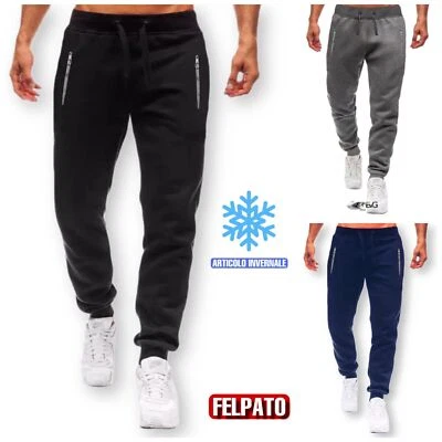PANTALONE FELPATO ZIP UOMO TUTA SPORTIVA FITNESS LAVORO ELASTICO INVERNALE CALDO - Immagine 1 di 4