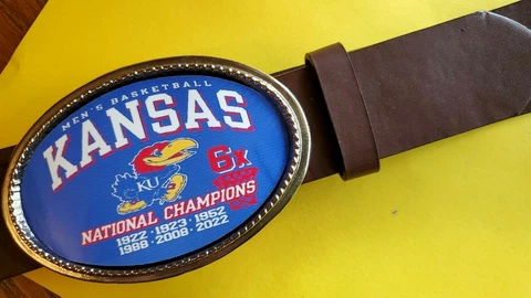 KANSAS JAYHAWKS 2022 NCAA Championship Epoxy Buckle & Brown Bonded Leather Belt Cover