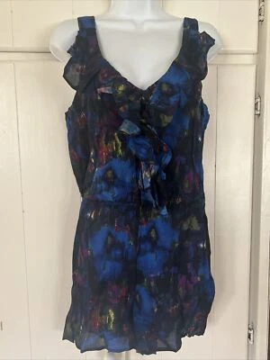 Fire Los Angeles Romper Shorts Women's L Water Color Ruffles Blue Pink V Neck Foto 1 de 4