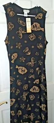Coldwater Creek Maxi Tank Dress Black Travel Knit Gold Tropical Print Petite L - Image 1 of 4