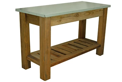 Mesa consola de patio Redwood y mesa utilitaria de jardín al aire libre tapa de acero inoxidable Foto 1 de 4