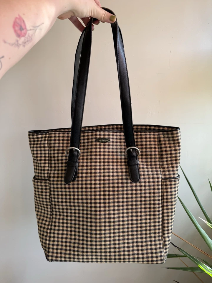 Bolsa tote/bolsa tote xadrez longaberger vintage neutra/bolsa xadrez xadrez - Imagem 1 de 4