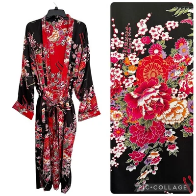 Bata de satén reversible La Cera XL asiática floral negra roja ¡Impresionante!! Foto 1 de 4