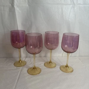 4 Vtg Pier 1 Handblown Amethyst W/ Yellow Topaz Wine Goblets 7 3/4” Italy Read - Picture 1 of 15
