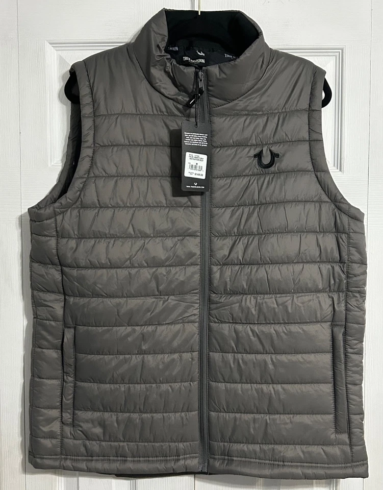 True Religion Men’s Medium HORSESHOE PUFFER VEST Granite Gray Quilted Full Zip - Image 1 of 4