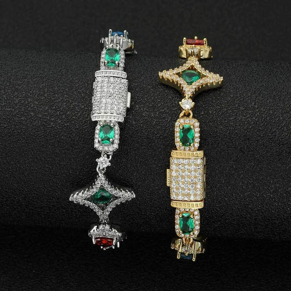 Brazalete de eslabones cubanos SteeI colorido estrella helada circonita cúbica chapado en oro para hombre Foto 1 de 4