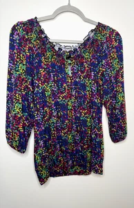 Cable & Gauge Women’s M Ikat Dot Boho Artsy Top Smocked Neck Stretch Waist - Picture 1 of 12