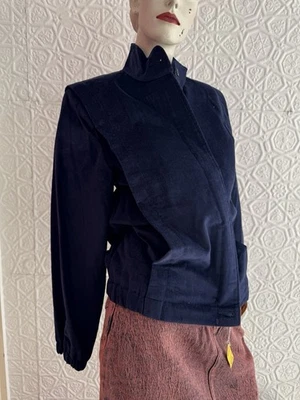 Vintage 1980s Velvet Jacket-Deadstock-Navy Blue-Varsity-Zip Up-Essential-Medium - Image 1 of 4