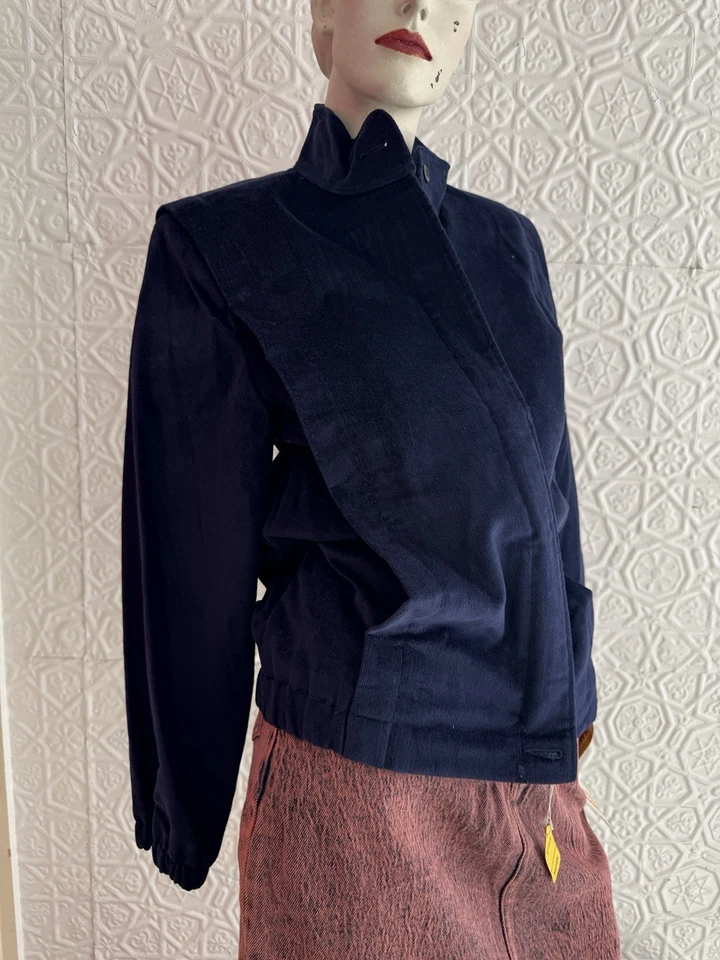 Chaqueta de Terciopelo Vintage Años 80-Deadstock-Azul Marino-Varsity-Zip Up-Esencial-Mediana Foto 1 de 4