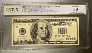 1996 $100 Federal Reserve Note Fancy Serial 34737777 Cleveland PCGS VF 30 - Picture 1 of 2