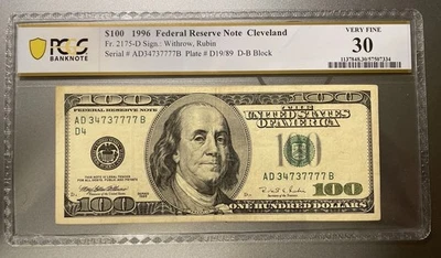 1996 $100 Federal Reserve Note Fancy Serial 34737777 Cleveland PCGS VF 30 - Image 1 of 2