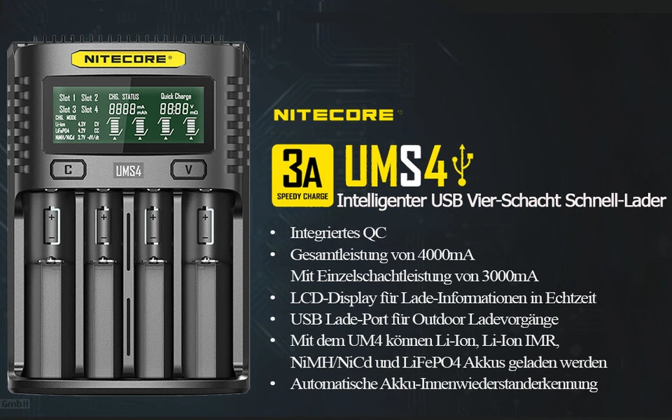 Nitecore UMS4 - intelligentes Ladegerät für Li-Ion, LiFePo4, Ni-MH, Ni-CD Akkus - Bild 1 von 1
