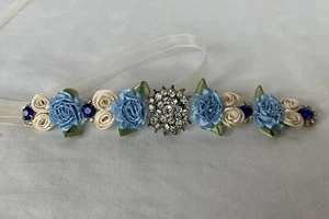 Ribbon Headband Silk Flowers Rhinestones Soft White Blue Green Ties 35 Inches - Picture 1 of 4