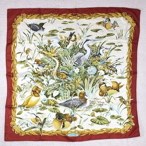 MINT Unused Salvatore Ferragamo Silk Scarf 86cm Brick Duck Birds Gray Heron Fish - Picture 1 of 16