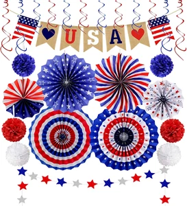 26Pcs Patriotic Decorations  LOVE USA Banner Red White Blue Paper Fans Star Stre - Picture 1 of 12