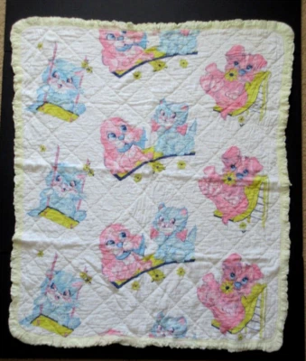 Manta bebé vintage acolchada cachorros gatitos columpio tobogán azul pastel rosa DEFECTOS Foto 1 de 4