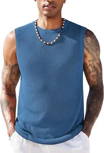 Mens Knitted Tank Top Casual Sleeveless Muscle Fit Crew Neck Lightweight Summer - Picture 1 of 22