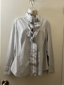 New York & Co. Sz XL Pinstripe Button up Ruffled 3D Flower Long Sleeve Cuff - Picture 1 of 8