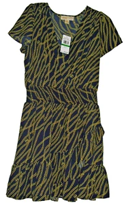 NWT Michael Kors Navy Blue Gold Chain Logo Print Knee Length Tiered Dress Size L - Picture 1 of 4
