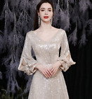 Women&#39;s V Neck Long Sleeve Paillette Shine Evening Dresses Party Gown Prom