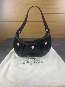 VTG Longchamp Black Leather Crescent Shaped Shoulder Bag W/ Horse OnSilver Snaps - Picture 1 of 10