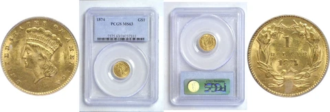1874 $1 Gold Coin PCGS MS-63 Cover