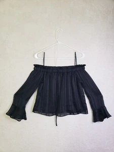 Forever 21 Women Top Small Black Poly Blend Off Shoulder Ruffle Cropped Blouse - Picture 1 of 17