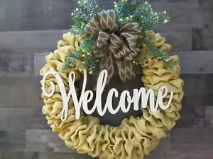 Welcome Country Farmhouse Yellow Burlap Round Front Door Wreath - Picture 1 of 3