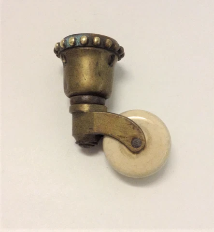 Single Antique Swivel Brass and Porcelain Cup Caster Beaded Edge Height 2 3/4" Cover