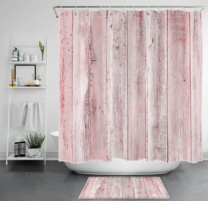 Pink Western Farmhouse Rustic Wood Shower Curtain Bathroom Accessories Set - Picture 1 of 23