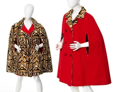 Vintage 1960s 1970s Reversible Cape 60s 70s Leopard Print Faux Fur Red Wool Coat - Image 1 of 4