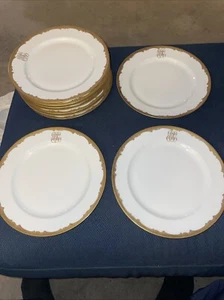 Set of (10) Pickard Gold Decorated & Monogrammed Haviland Limoges Dinner Plates - Picture 1 of 23