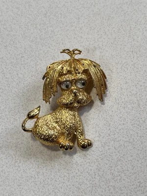 Винтажная золотистая брошь на булавке с надписью Park Lane для собаки пуделя Googly Eyes MCM 60-е - Изображение 1 из 4