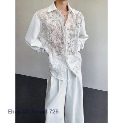 Mens Flower Hollow Lace Pearl Luxury Dress Shirt Long Sleeved Loose Casual Shirt - Image 1 of 4