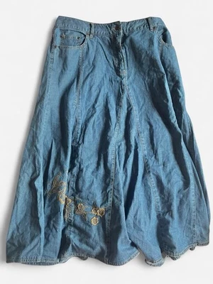 Faded Glory vintage y2k whimsigoth blue denim midi skirt with floral embroidery - Image 1 of 4