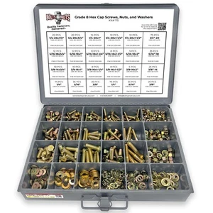 Grade 8 Hex Cap Bolts Screws, Nuts, Washers, Lock Washers Assortment Kit - 57... - Picture 1 of 5