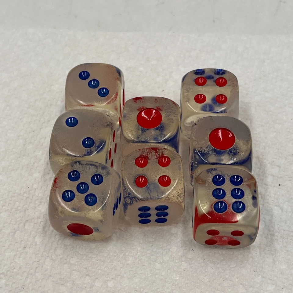 8 dados redondos vintage de acrílico transparente transparente de 3/4 pulgadas con pepitas rojas y azules Foto 1 de 4