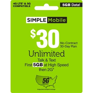 SIMPLE mobile 30 $ 5 Go de données, plan de discussion et de texte illimité [Livraison physique] - Photo 1 sur 6