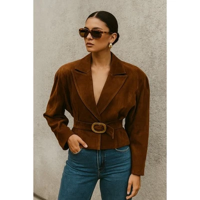 Chaqueta Blazer Vintage Lillie Rubin Cuero Genuino Gamuza Cinturón Talla 4 Marrón Y2K Foto 1 de 4