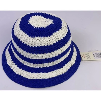 NUEVO CON ETIQUETAS Azul Blanco Rayas Crochet Sombrero Cubo Sombrero para el Sol Informal Playa Vacaciones OSFM Foto 1 de 4