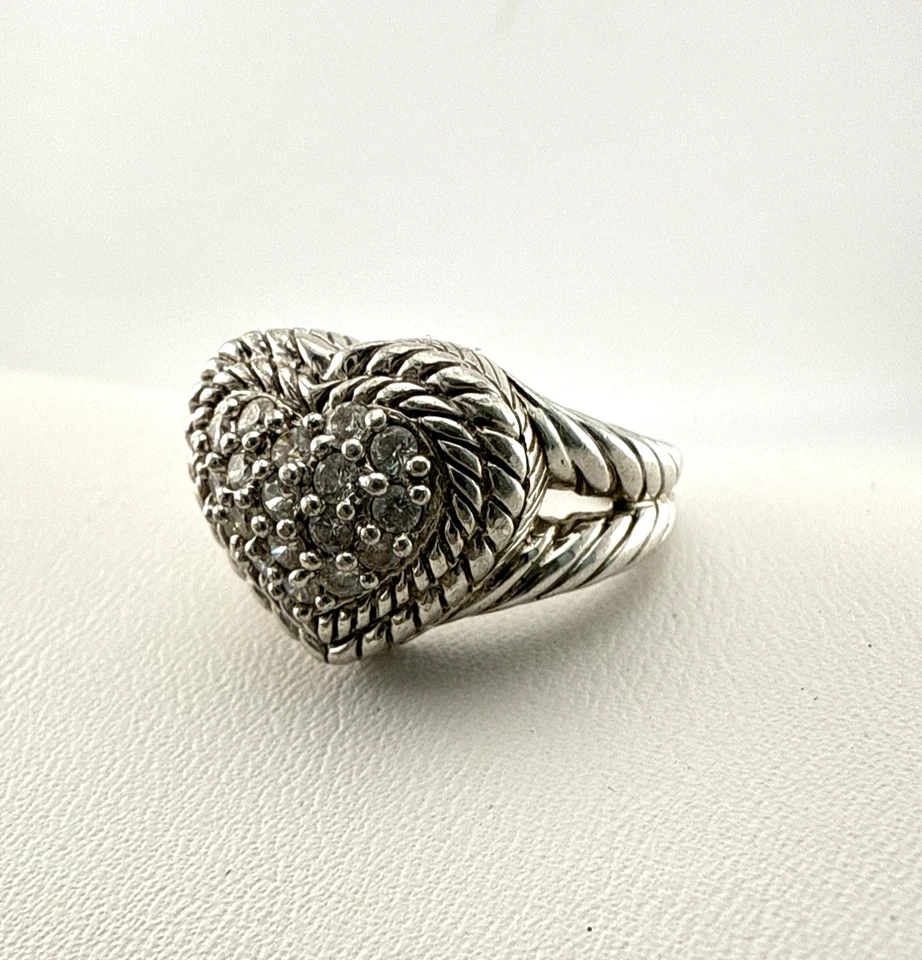 Judith Ripka Ring Sterling Silver CZ Heart Clear Pave Double Cable Size 6 Love - Image 1 of 4
