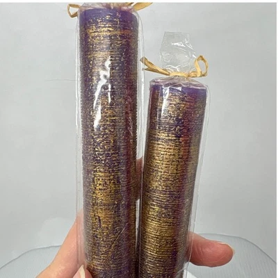 Purple Candles with Gold Tone Set of 2 Taper Candles 8 Inch Tall Home Decor - Image 1 of 4