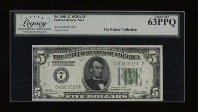 DBR 1928-A $5 FRN Chicago Numeral Fr. 1951-G Legacy 63 PPQ Serial G49003528A - Image 1 of 2
