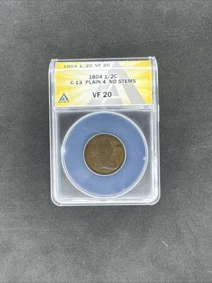 1804 Draped Bust Half Cent C-13 Plain 4 No Stems ANACS VF 20 - Image 1 of 2